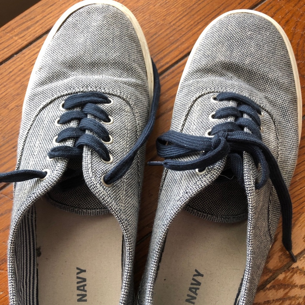 Gray and navy boat shoes